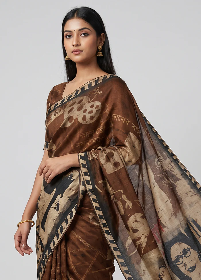 Cream Printed Pure Silk Saree Without Blouse Piece - Image 2