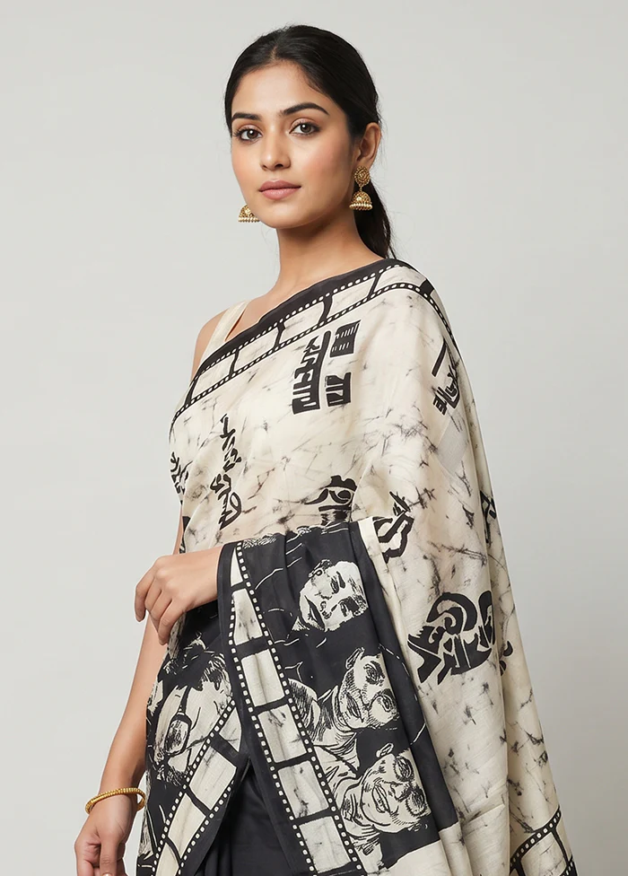 Cream Printed Pure Silk Saree Without Blouse Piece - Image 2