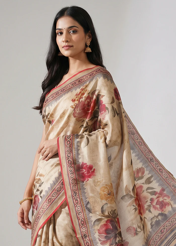 Cream Printed Pure Silk Saree Without Blouse Piece - Image 2