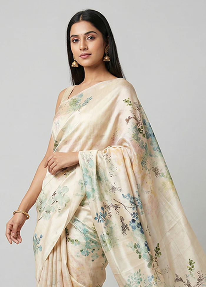 Cream Printed Pure Silk Saree Without Blouse Piece - Image 2