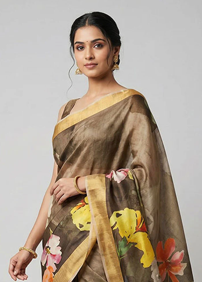 Cream Printed Pure Silk Saree Without Blouse Piece - Image 2