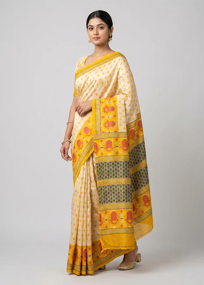Cream Printed Silk Saree Without Blouse Piece