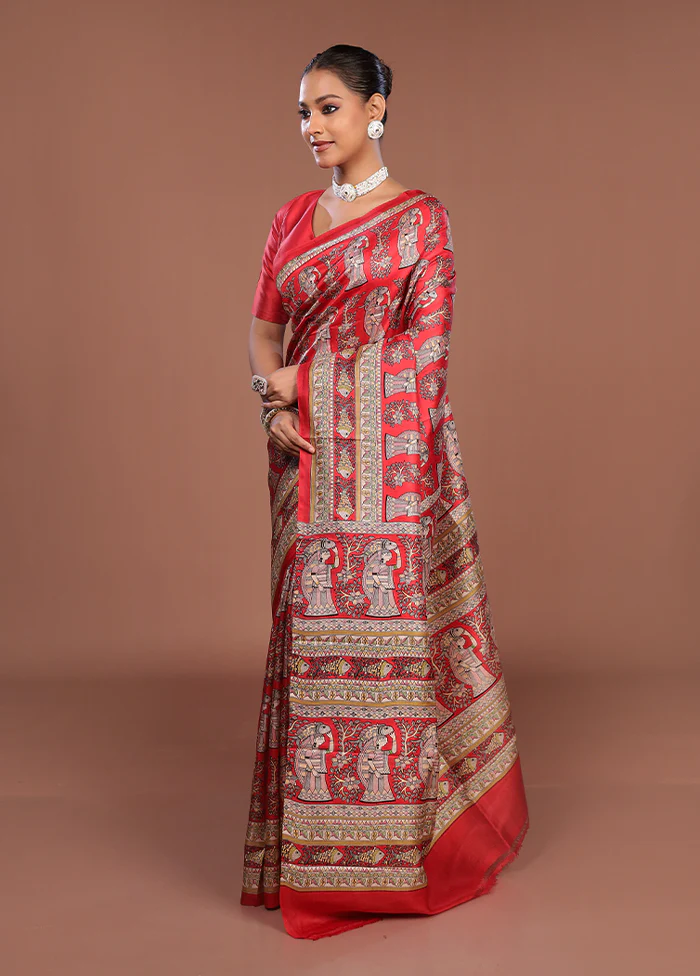 Cream Printed Silk Saree Without Blouse Piece - Image 4