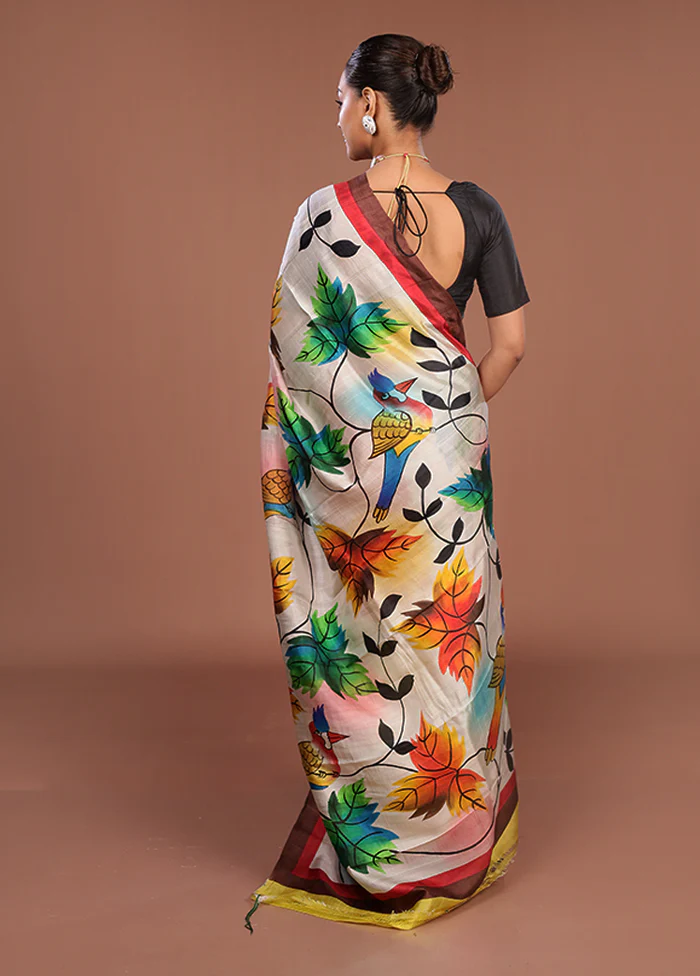 Cream Printed Pure Silk Saree Without Blouse Piece - Image 3