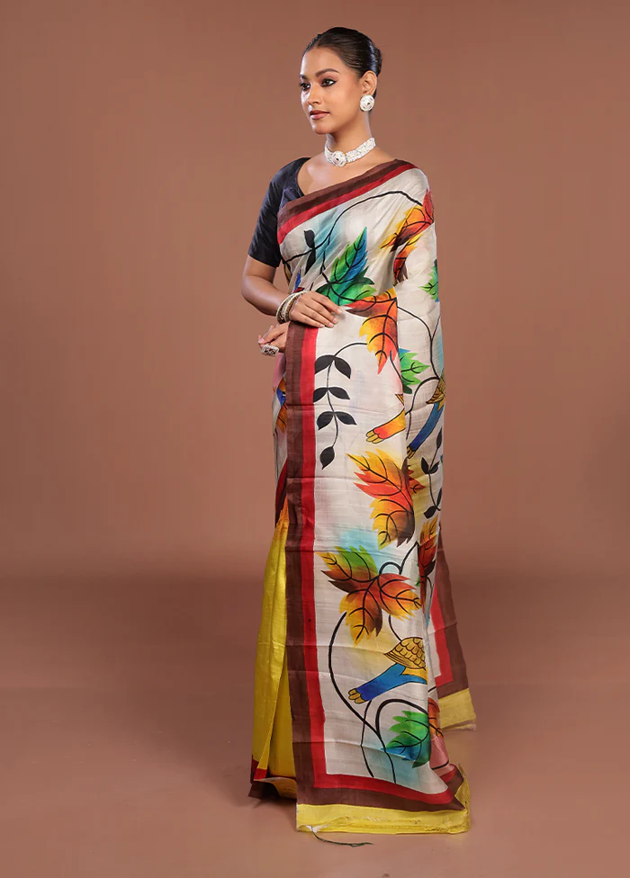 Cream Printed Pure Silk Saree Without Blouse Piece - Image 4