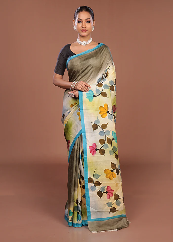 Cream Printed Silk Saree Without Blouse Piece - Image 2