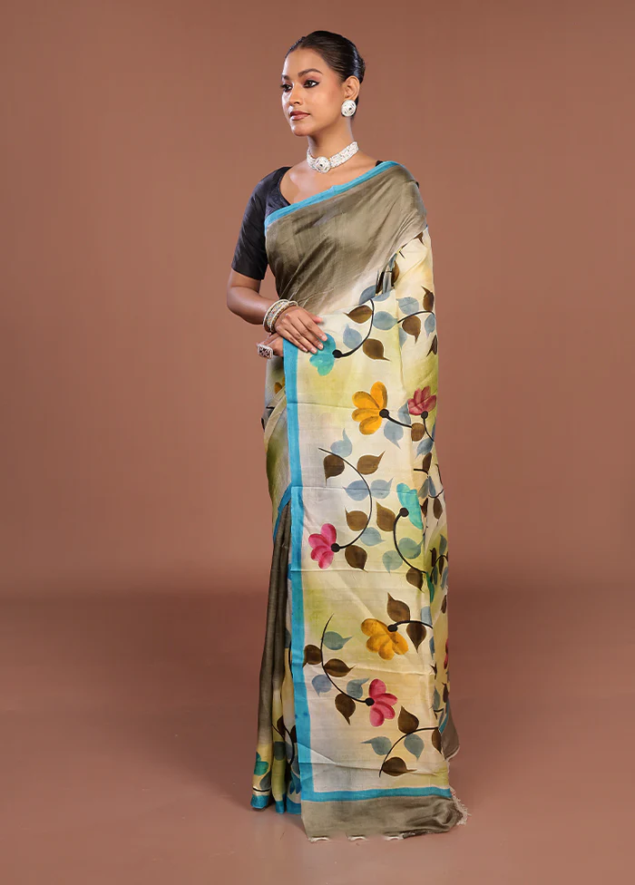 Cream Printed Silk Saree Without Blouse Piece - Image 4
