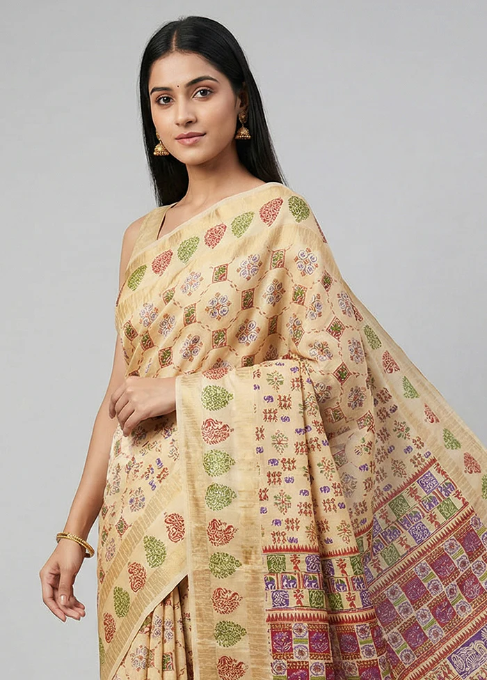 Cream Printed Silk Saree Without Blouse Piece - Image 2