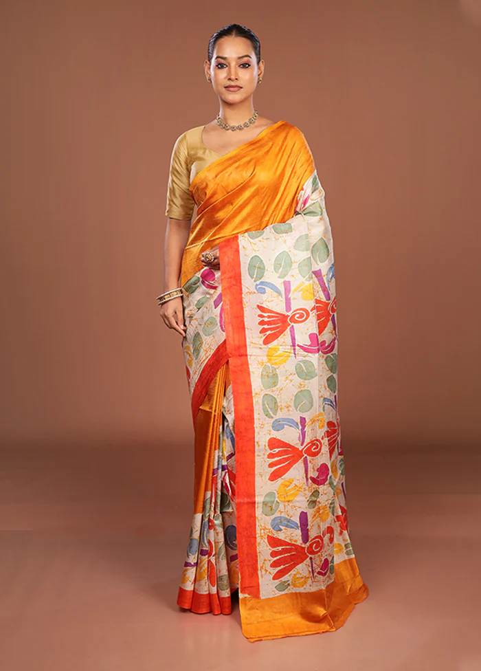 Cream Printed Silk Saree Without Blouse Piece - Image 2