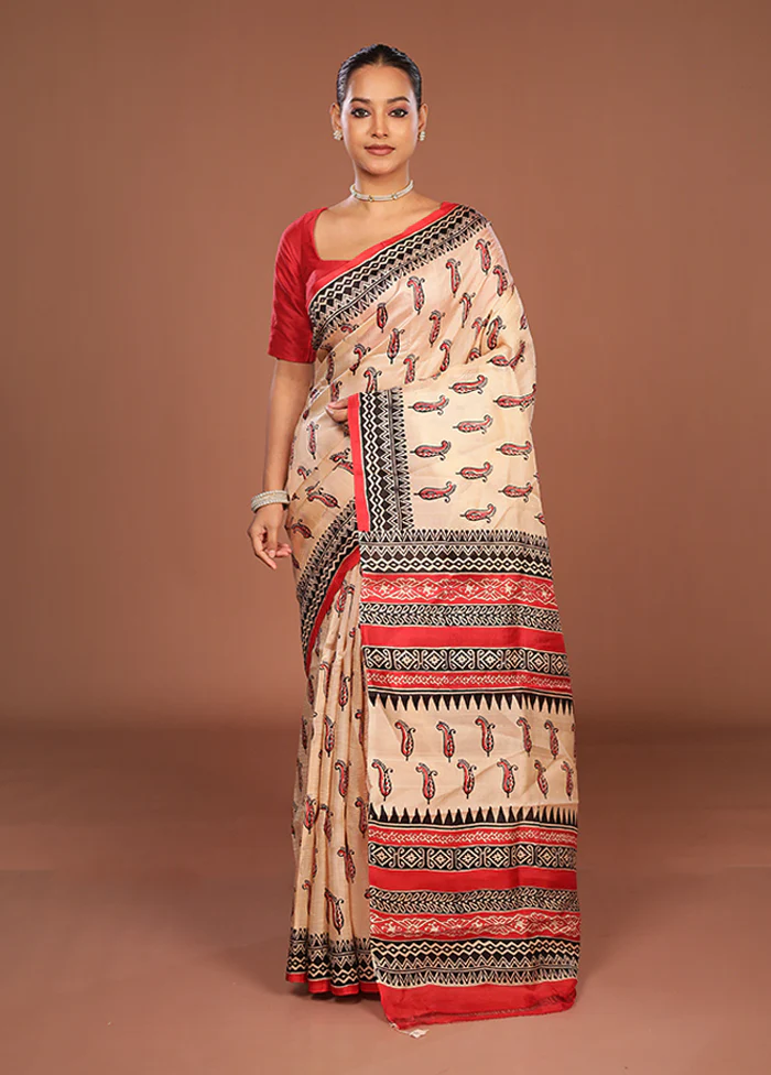 Cream Printed Silk Saree Without Blouse Piece - Image 2