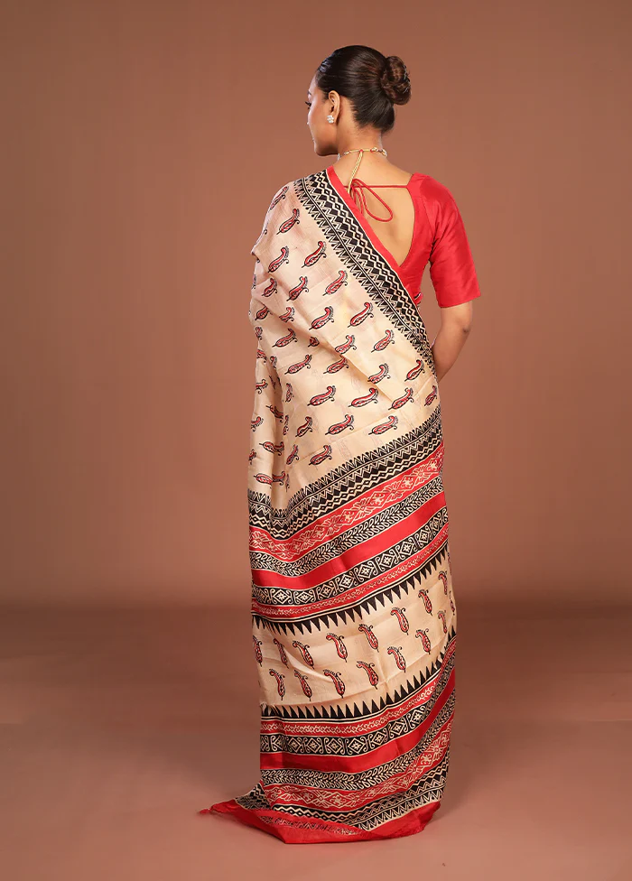 Cream Printed Silk Saree Without Blouse Piece - Image 3
