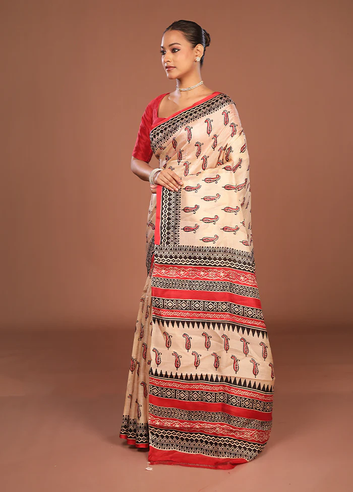 Cream Printed Silk Saree Without Blouse Piece - Image 4