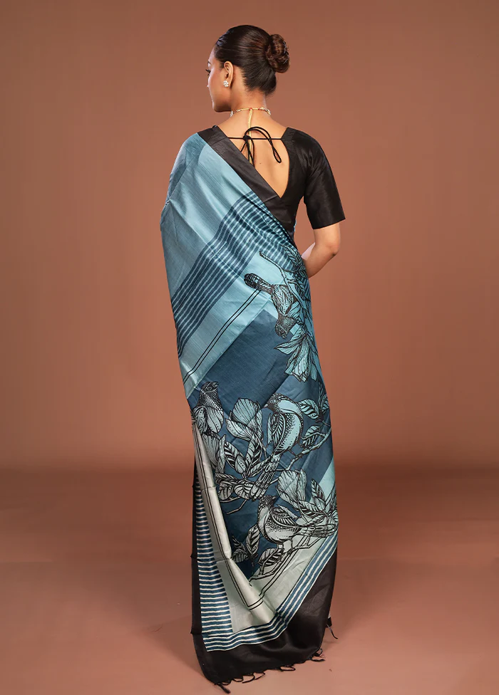 Blue Printed Pure Silk Saree Without Blouse Piece - Image 3