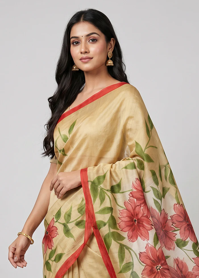 Cream Printed Silk Saree Without Blouse Piece - Image 2
