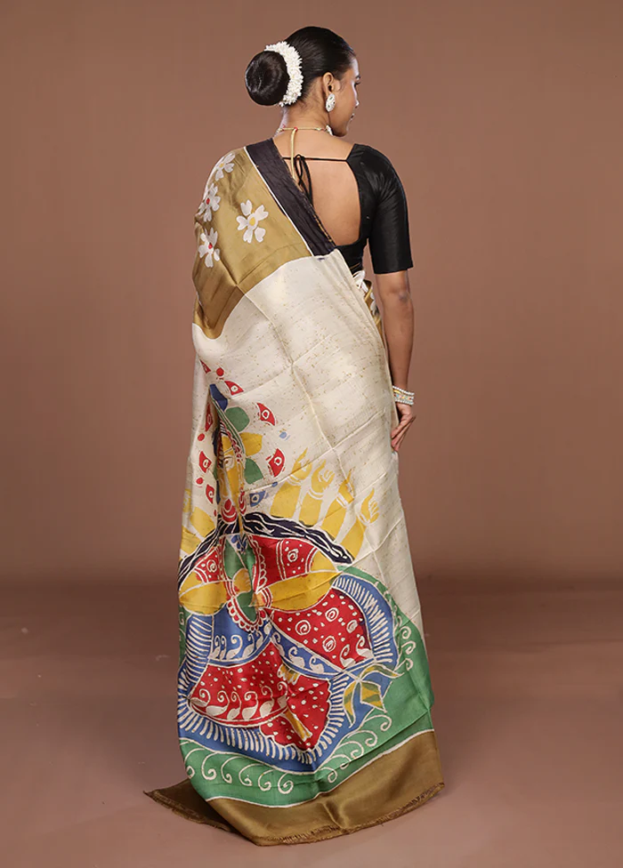 Cream Printed Silk Saree Without Blouse Piece - Image 3