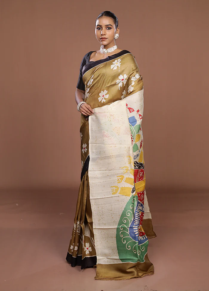 Cream Printed Silk Saree Without Blouse Piece - Image 4
