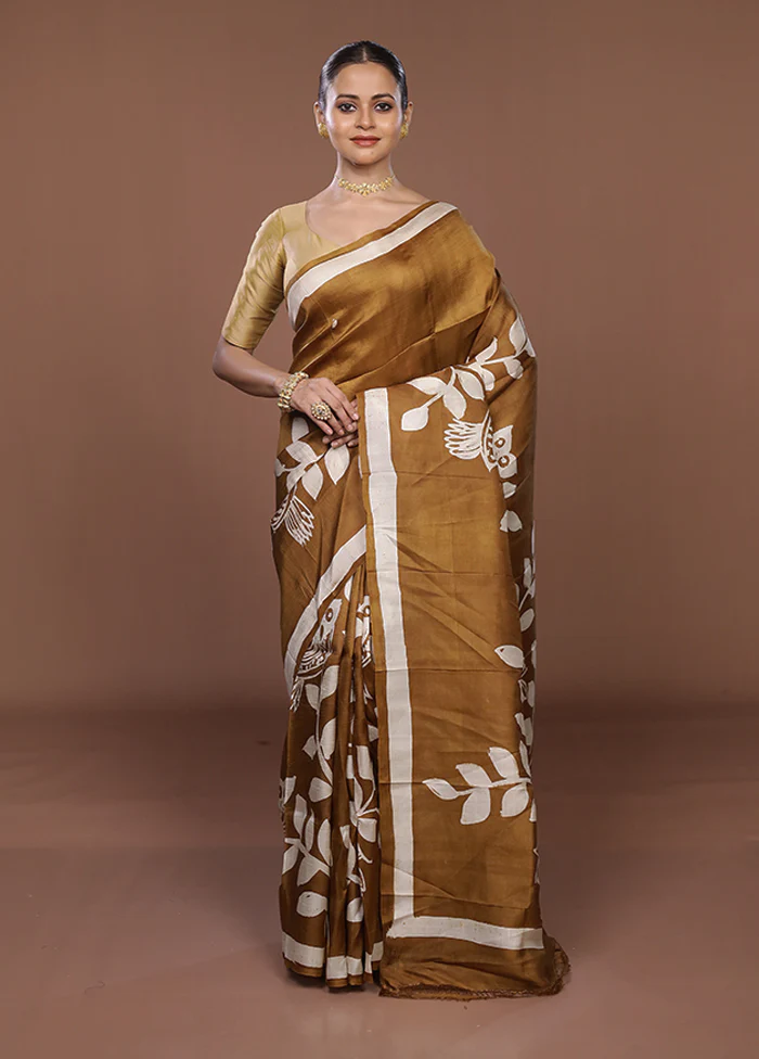 Cream Printed Silk Saree Without Blouse Piece - Image 2