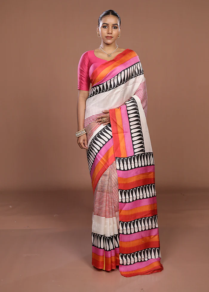 Cream Printed Silk Saree Without Blouse Piece - Image 2