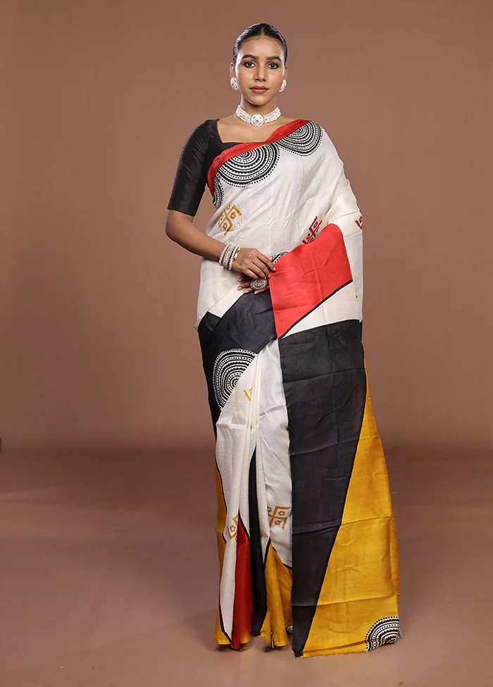Cream Printed Pure Silk Saree Without Blouse Piece - Image 2