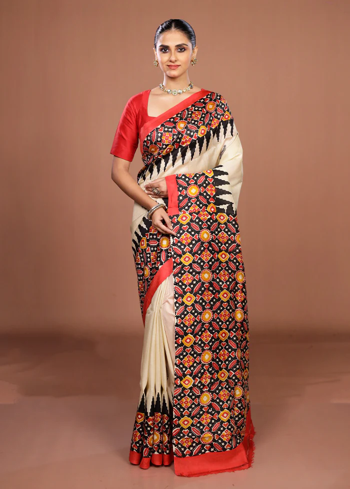 Cream Printed Pure Silk Saree Without Blouse Piece - Image 2