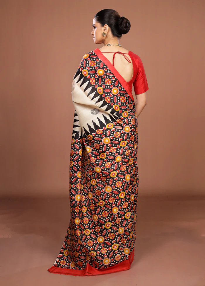 Cream Printed Pure Silk Saree Without Blouse Piece - Image 3