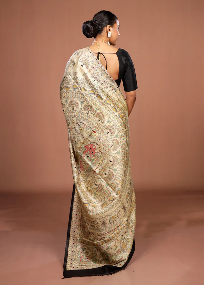 Cream Printed Pure Silk Saree Without Blouse Piece - Image 3