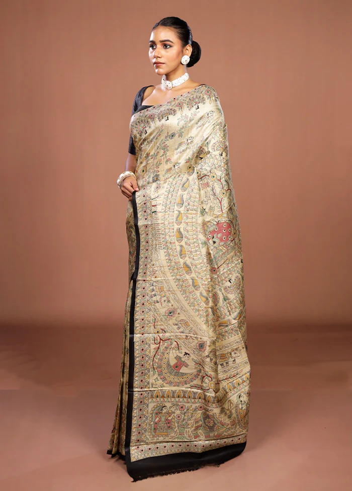 Cream Printed Pure Silk Saree Without Blouse Piece - Image 4