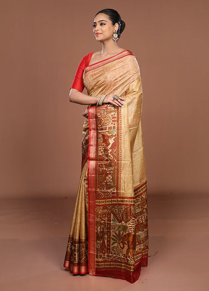 Cream Printed Pure Silk Saree Without Blouse Piece - Image 4