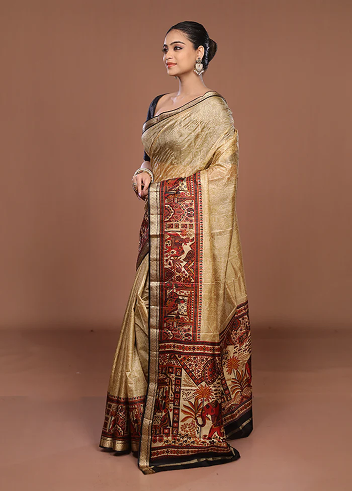 Cream Printed Pure Silk Saree Without Blouse Piece - Image 4