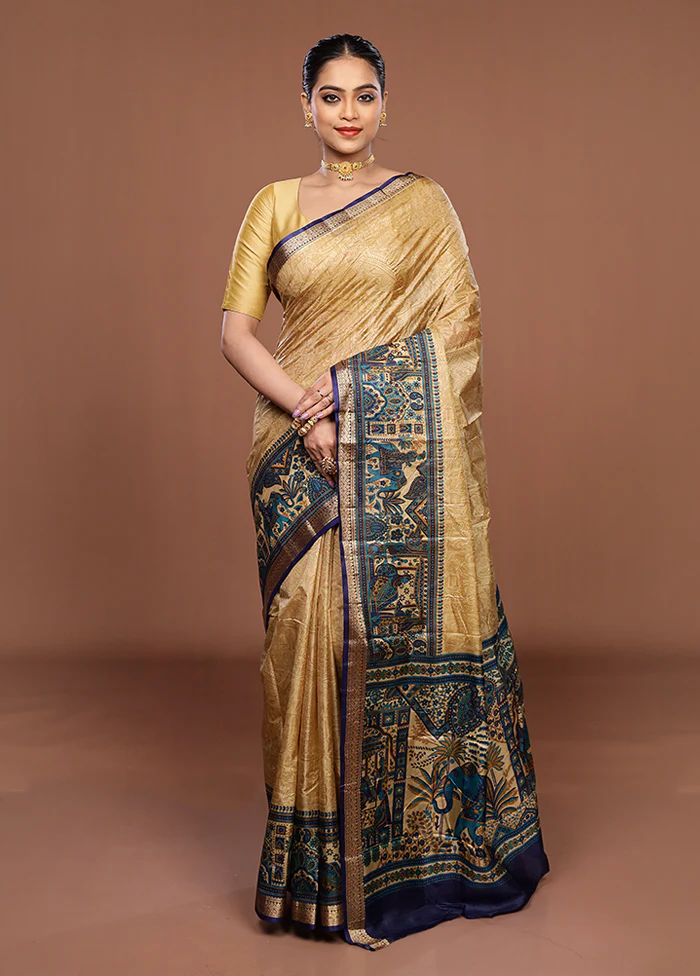 Cream Printed Silk Saree Without Blouse Piece - Image 2