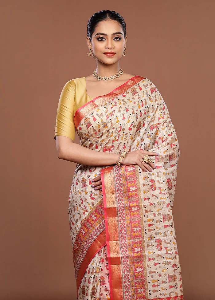 Cream Printed Silk Saree Without Blouse Piece