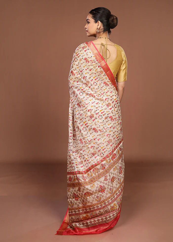 Cream Printed Silk Saree Without Blouse Piece - Image 3