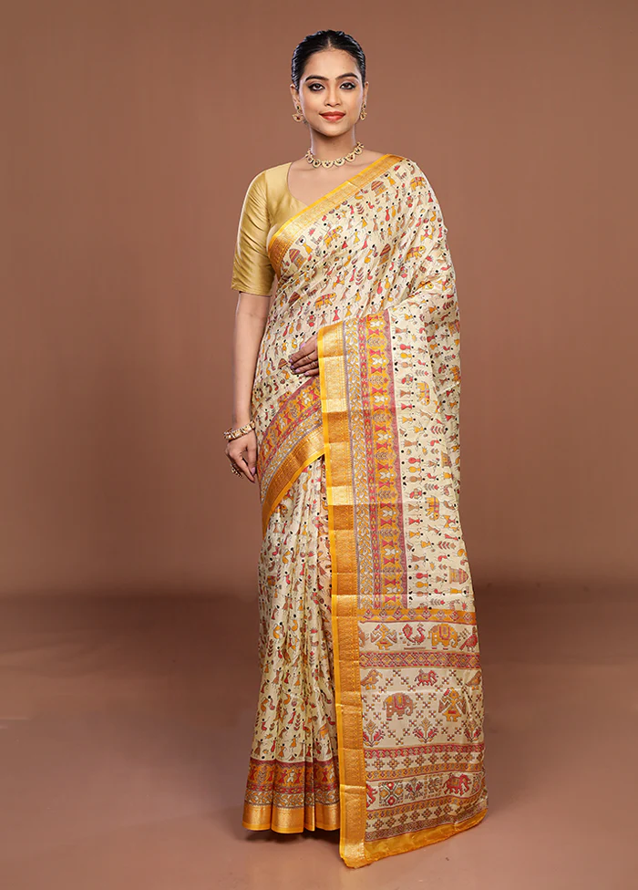 Cream Printed Silk Saree Without Blouse Piece - Image 2