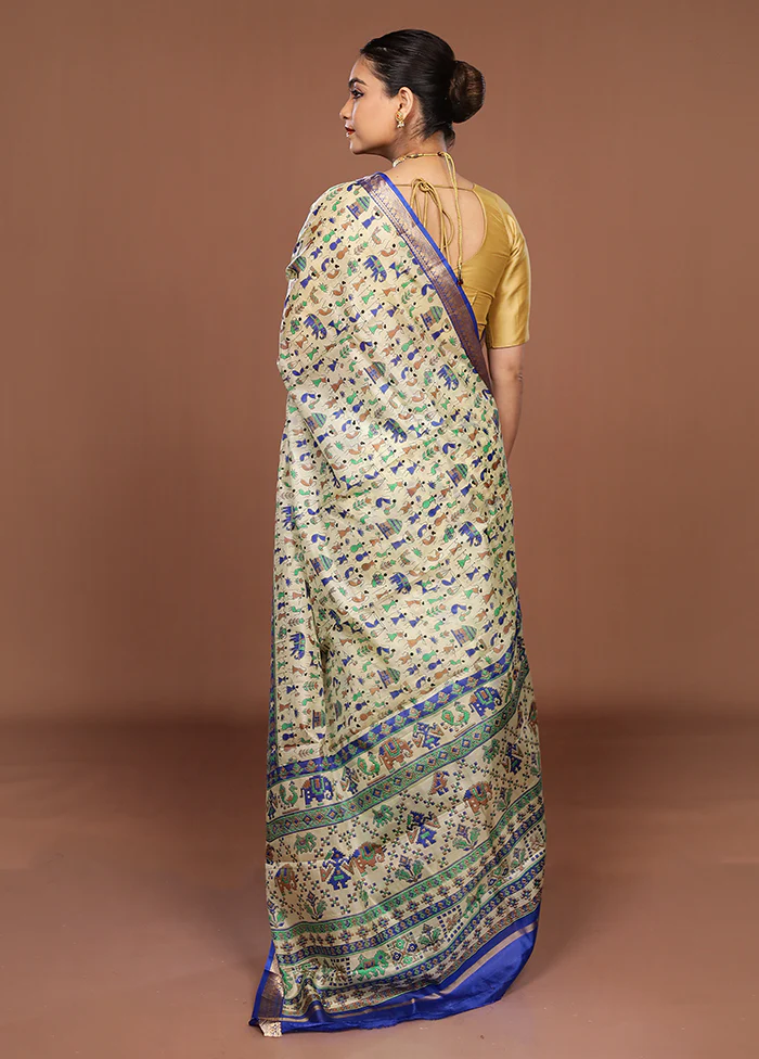 Cream Printed Pure Silk Saree Without Blouse Piece - Image 3