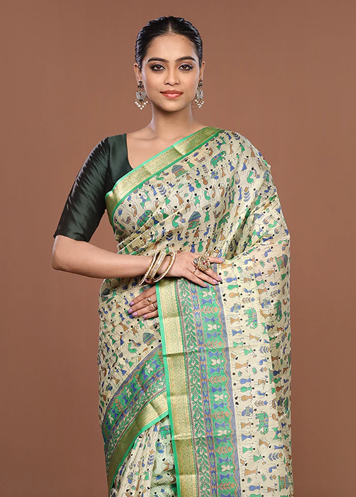 Cream Printed Silk Saree Without Blouse Piece