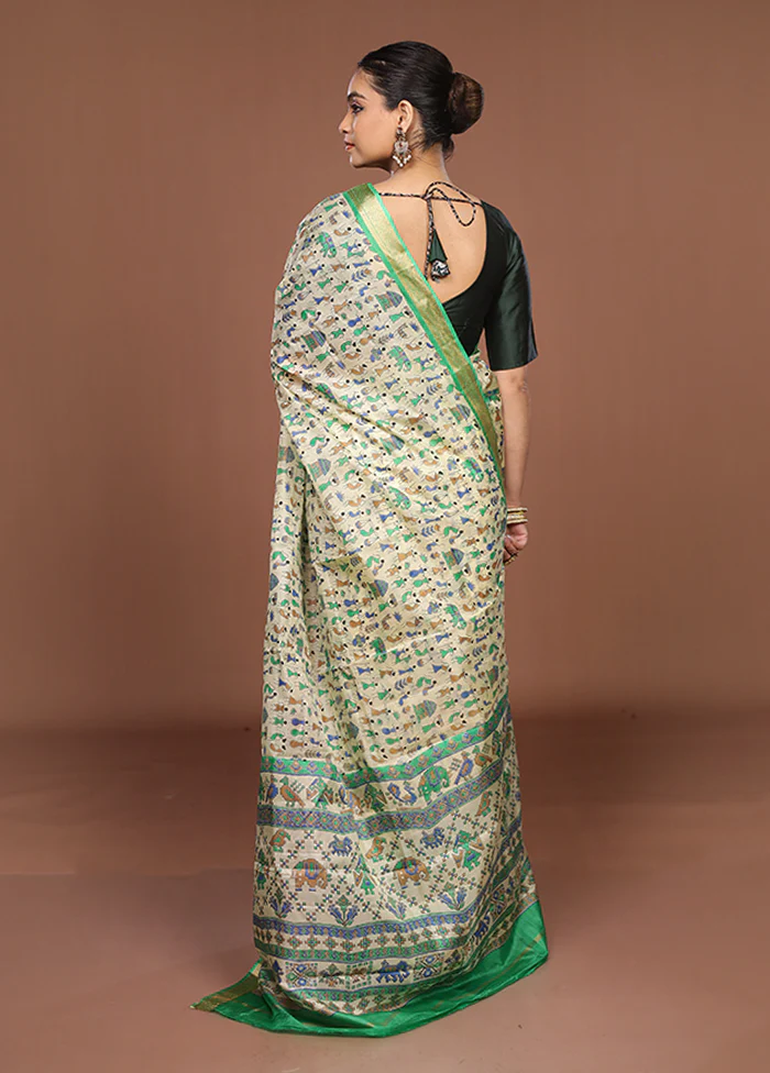 Cream Printed Silk Saree Without Blouse Piece - Image 3