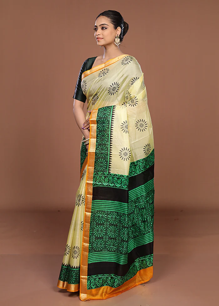 Cream Printed Silk Saree Without Blouse Piece - Image 4