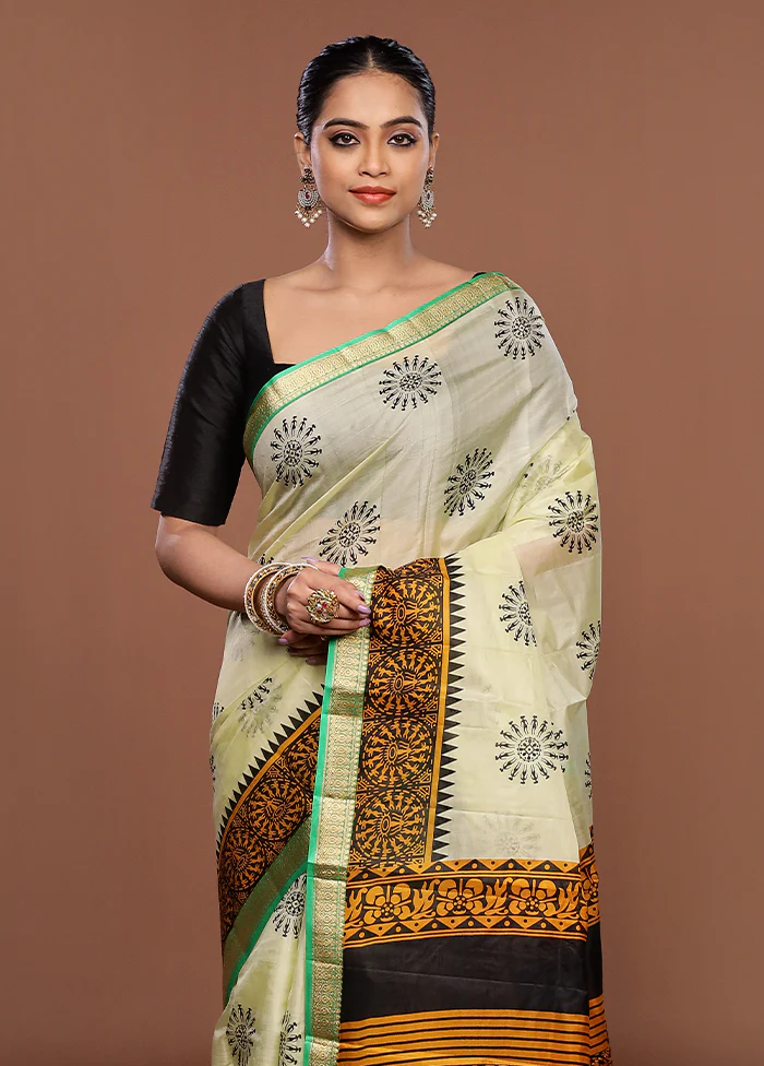 Cream Printed Silk Saree Without Blouse Piece