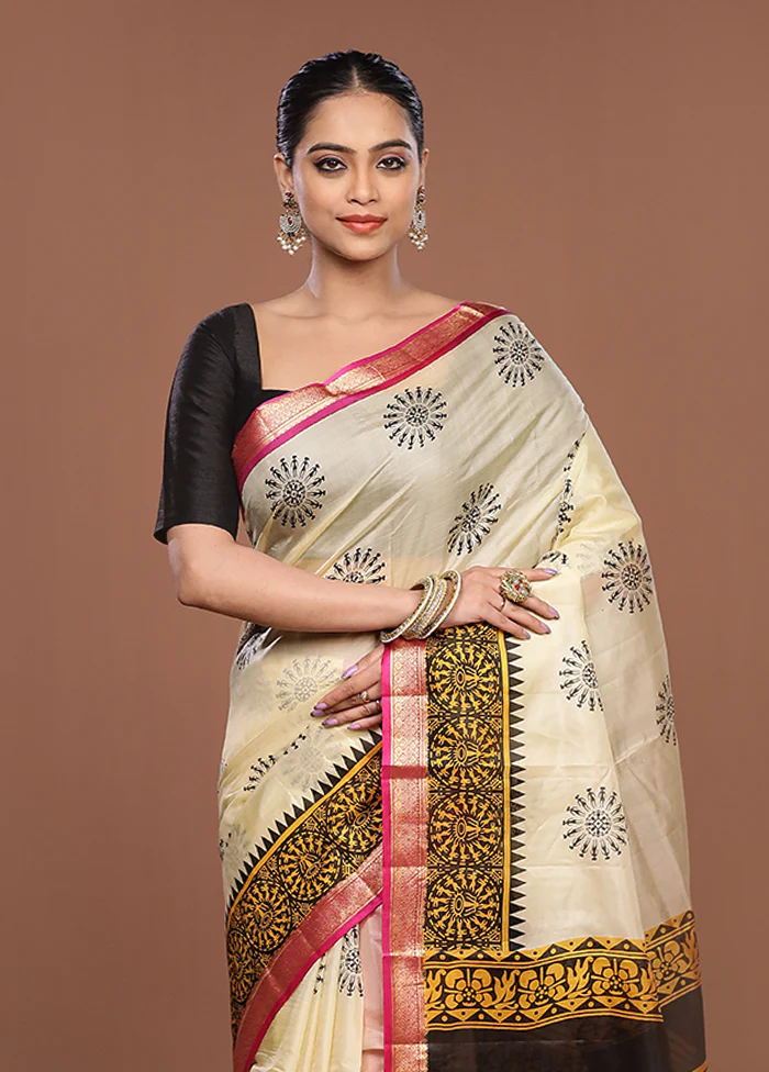 Cream Printed Silk Saree Without Blouse Piece