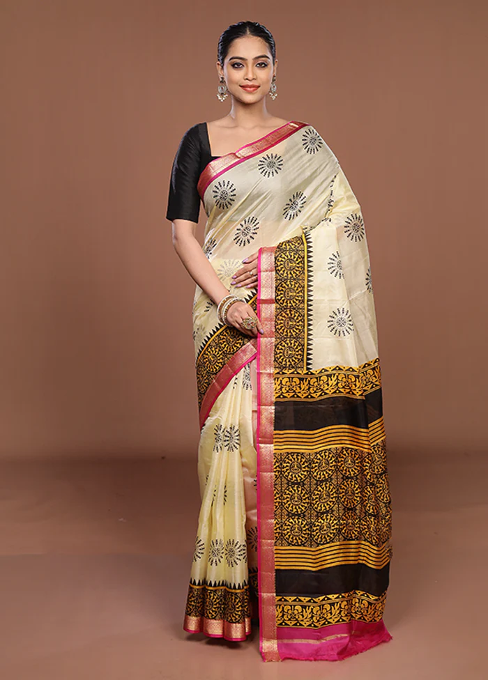 Cream Printed Silk Saree Without Blouse Piece - Image 2