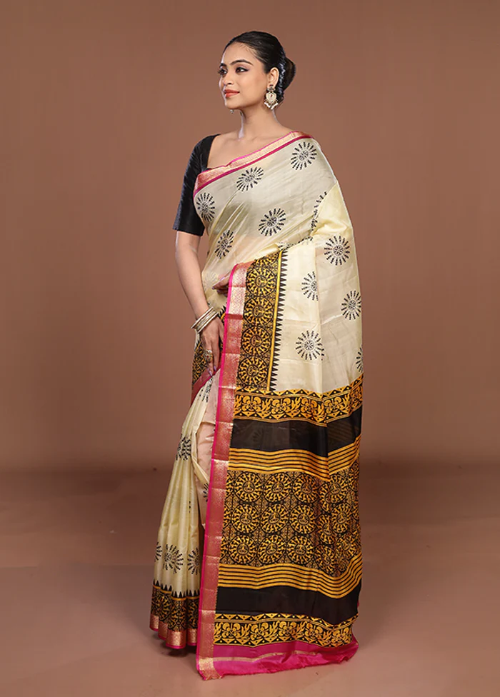 Cream Printed Silk Saree Without Blouse Piece - Image 4