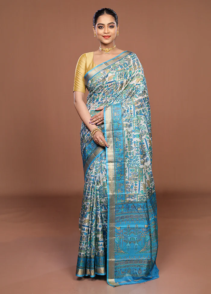 Cream Printed Pure Silk Saree Without Blouse Piece - Image 2