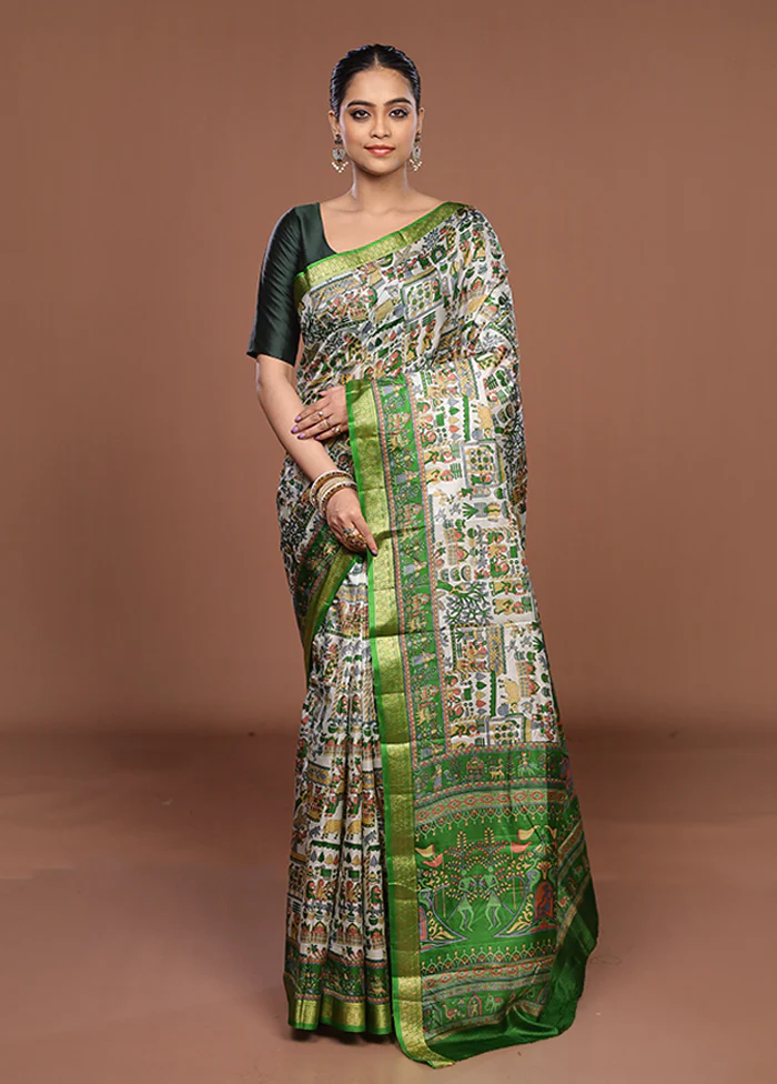Cream Printed Silk Saree Without Blouse Piece - Image 2