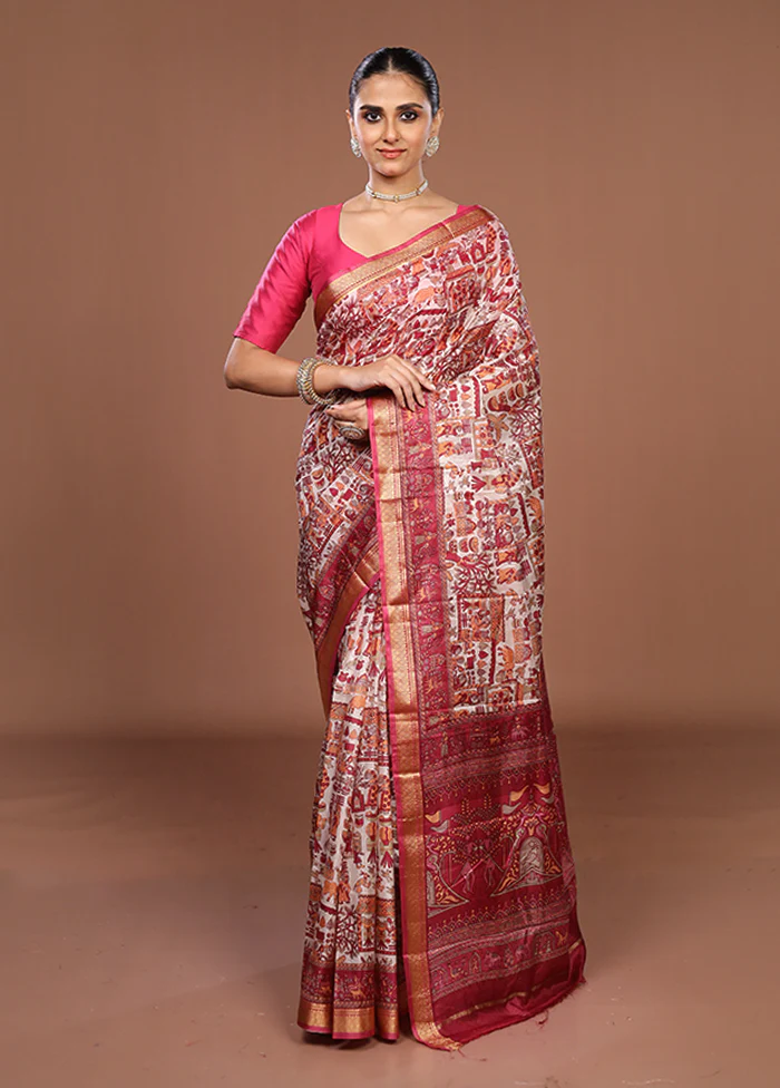 Cream Printed Silk Saree Without Blouse Piece - Image 2