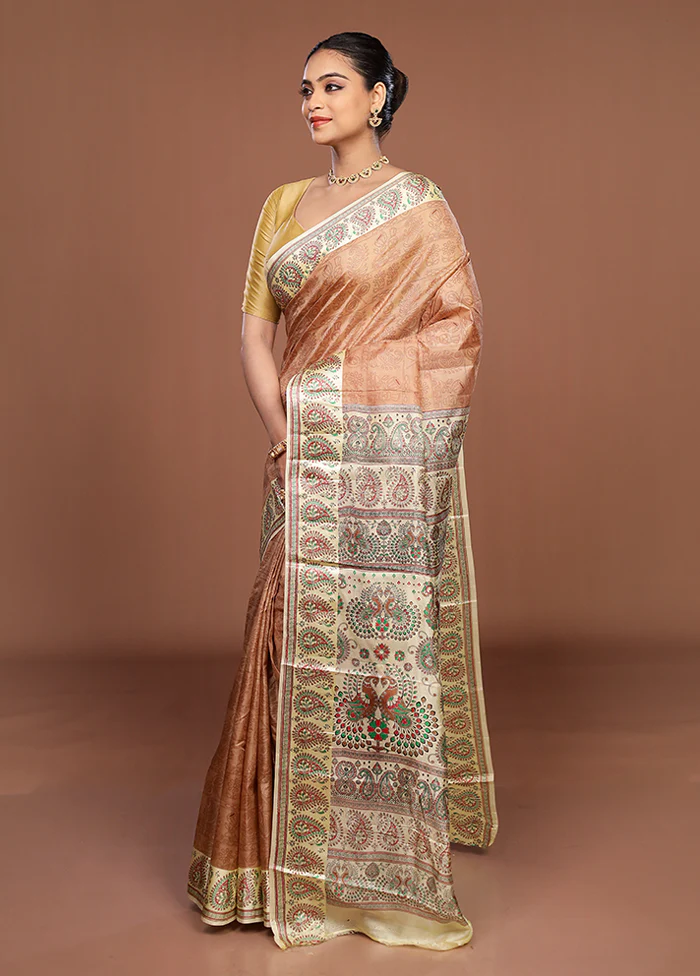 Cream Printed Pure Silk Saree Without Blouse Piece - Image 4