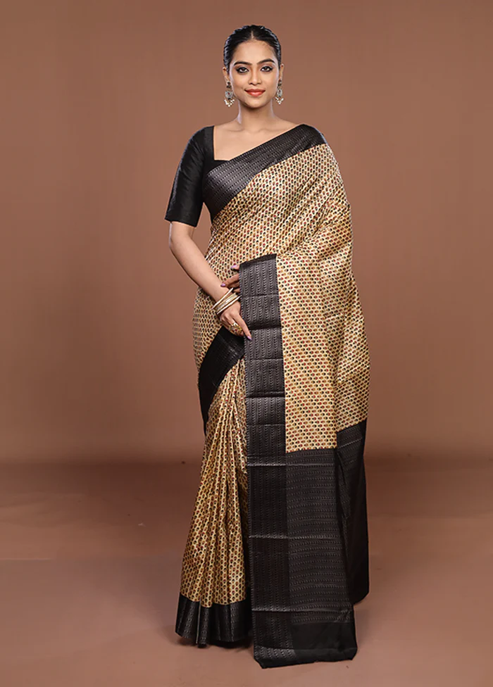 Cream Printed Pure Silk Saree Without Blouse Piece - Image 2