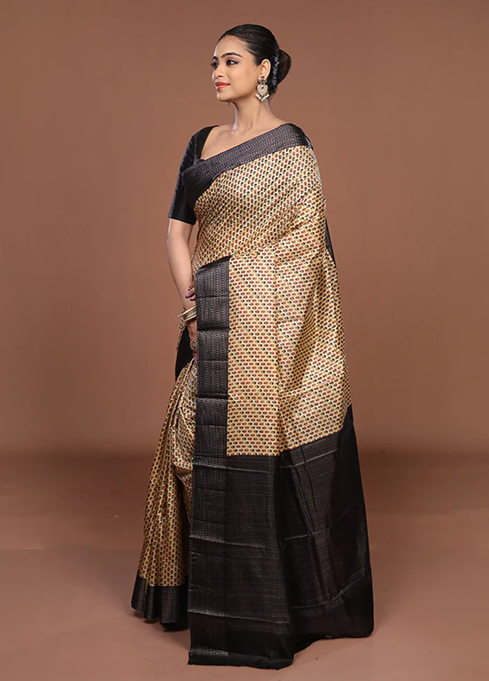 Cream Printed Pure Silk Saree Without Blouse Piece - Image 4