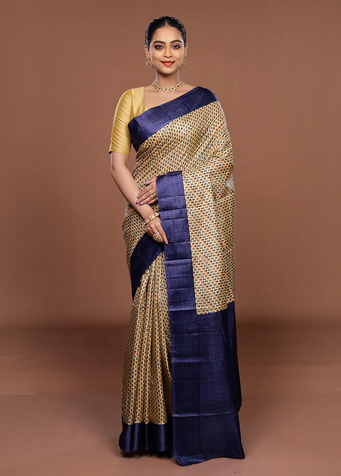 Cream Printed Silk Saree Without Blouse Piece - Image 2