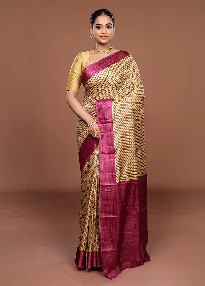 Cream Printed Pure Silk Saree Without Blouse Piece - Image 2