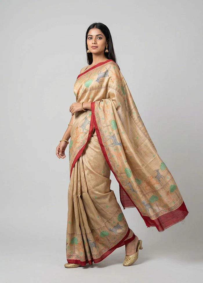 Cream Printed Pure Silk Saree Without Blouse Piece